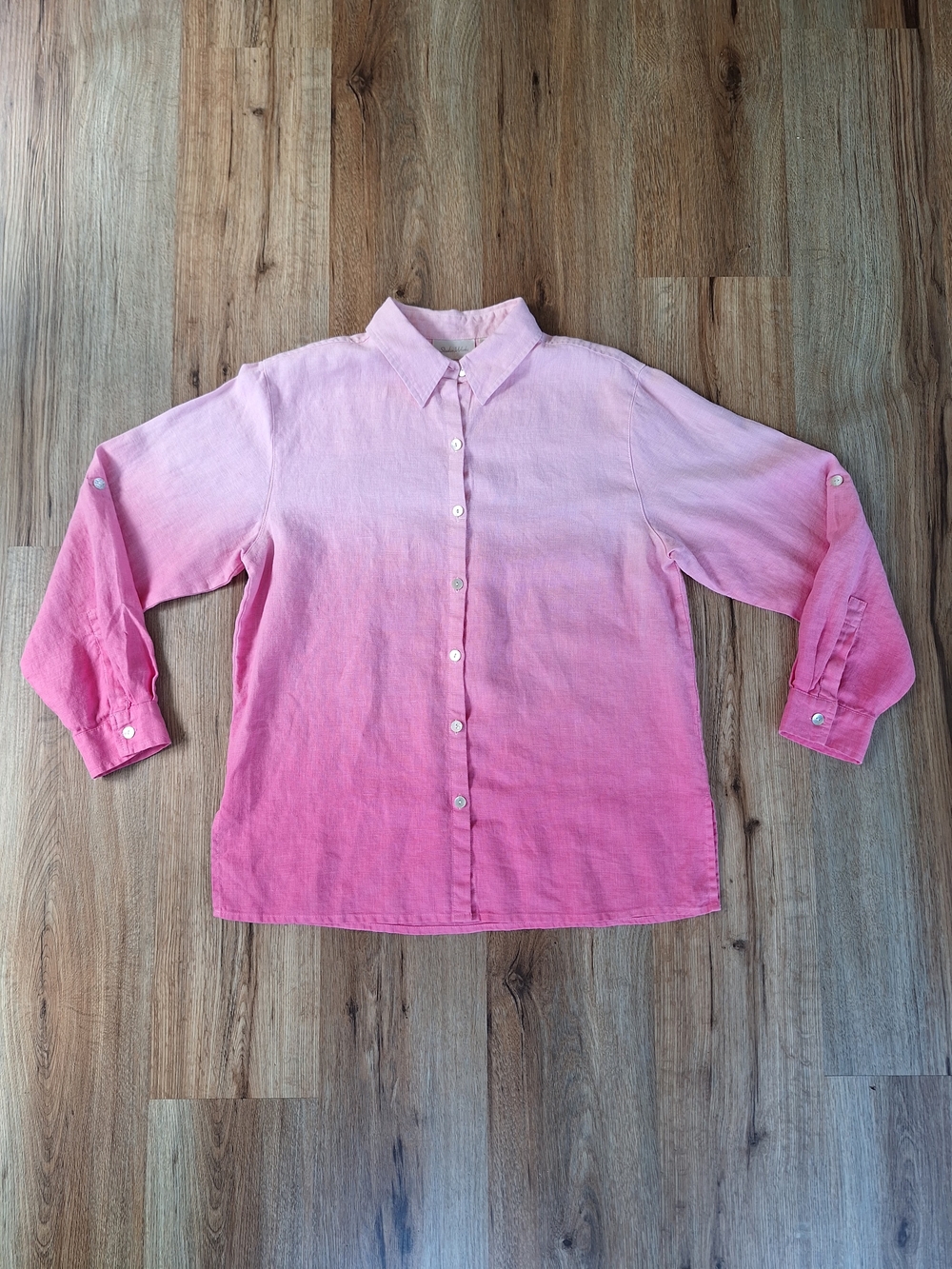 Womens Linen Button Up Shirt Medium Ombre Roll Tab Sleeve Coastal Cottagecore